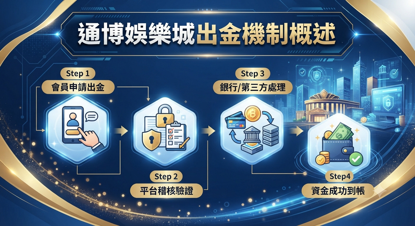 這張圖片以專業的藍色與金色為主調，清晰展示了「通博娛樂城出金機制概述」的核心流程。 畫面透過四個步驟圖示，直觀地呈現從會員申請出金到資金成功到帳的完整安全驗證過程。