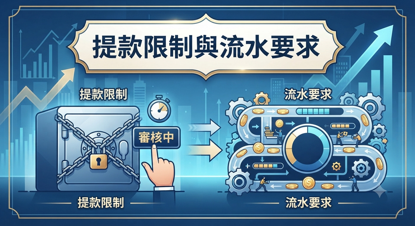 這張圖片以「提款限制與流水要求」為主題，上方帶有精緻的標題橫幅。 畫面左右分別呈現上鎖的保險箱與代表流水要求的循環圖表，傳達相關的審核與財務機制。