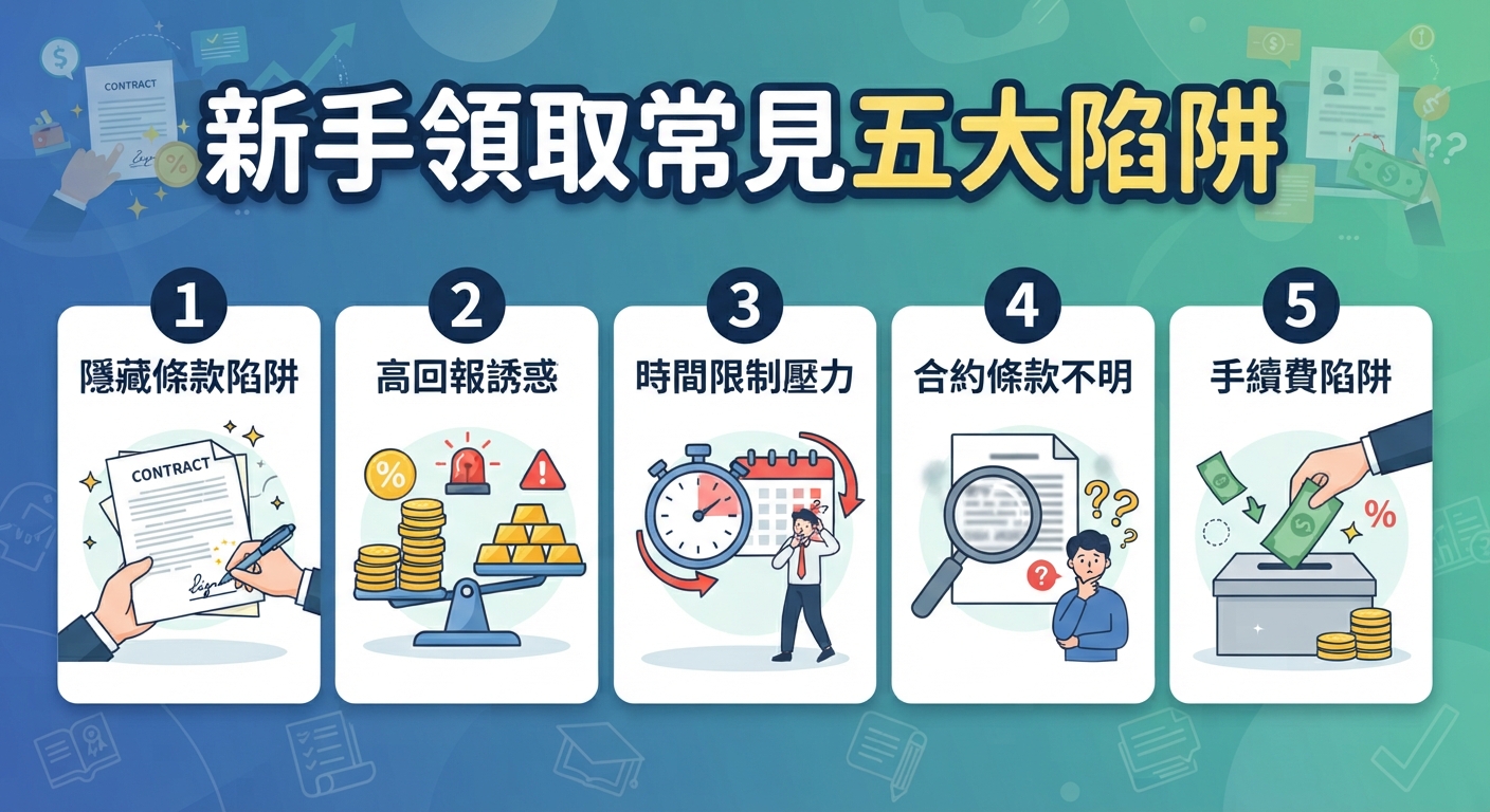 這是一張關於「新手領取常見五大陷阱」的資訊圖表，清楚列出了隱藏條款、高回報誘惑等五個常見問題與圖解。 整體設計採用藍綠色調與圖示排版，幫助新手快速識別並避開領取時的潛在風險。
